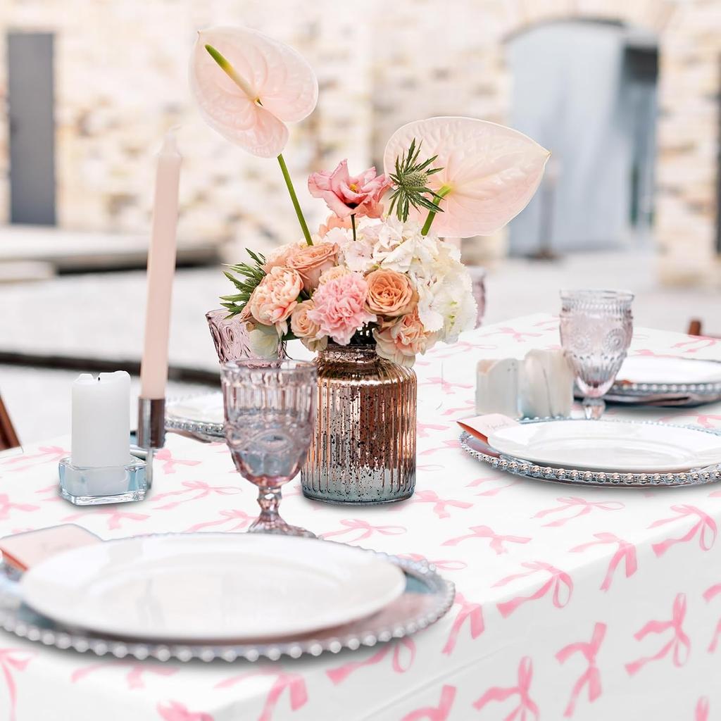 Oudain 3 Pcs Pink Bow Table Cloth 54 x 108 Inch Coquette Bow Table Cover Rectangle Pink Tablecloth Disposable Tablecovers Coquette Party Decorations