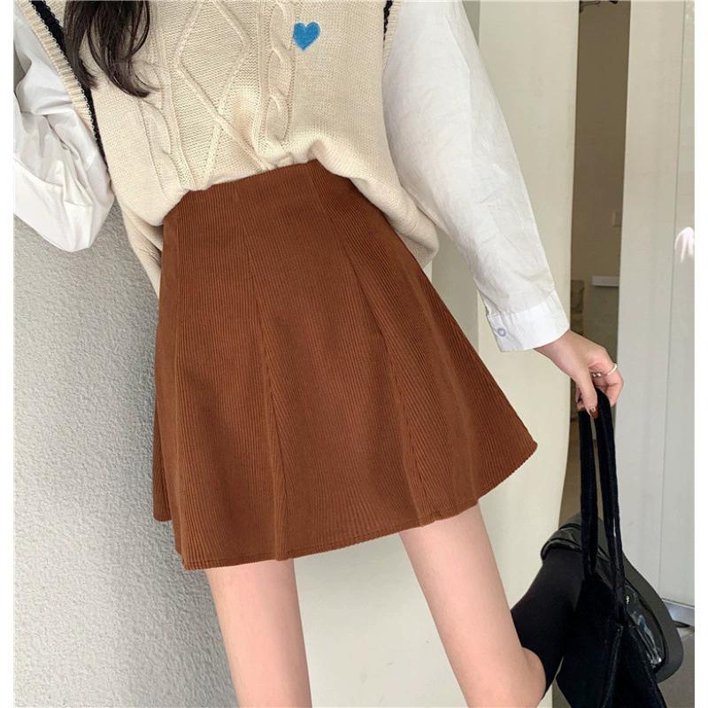Casual All Match Versatile Black Corduroy Skirt for Women Autumn Winter High Waisted Slimming Pleated Skirt Petite A Line Mini Skirt