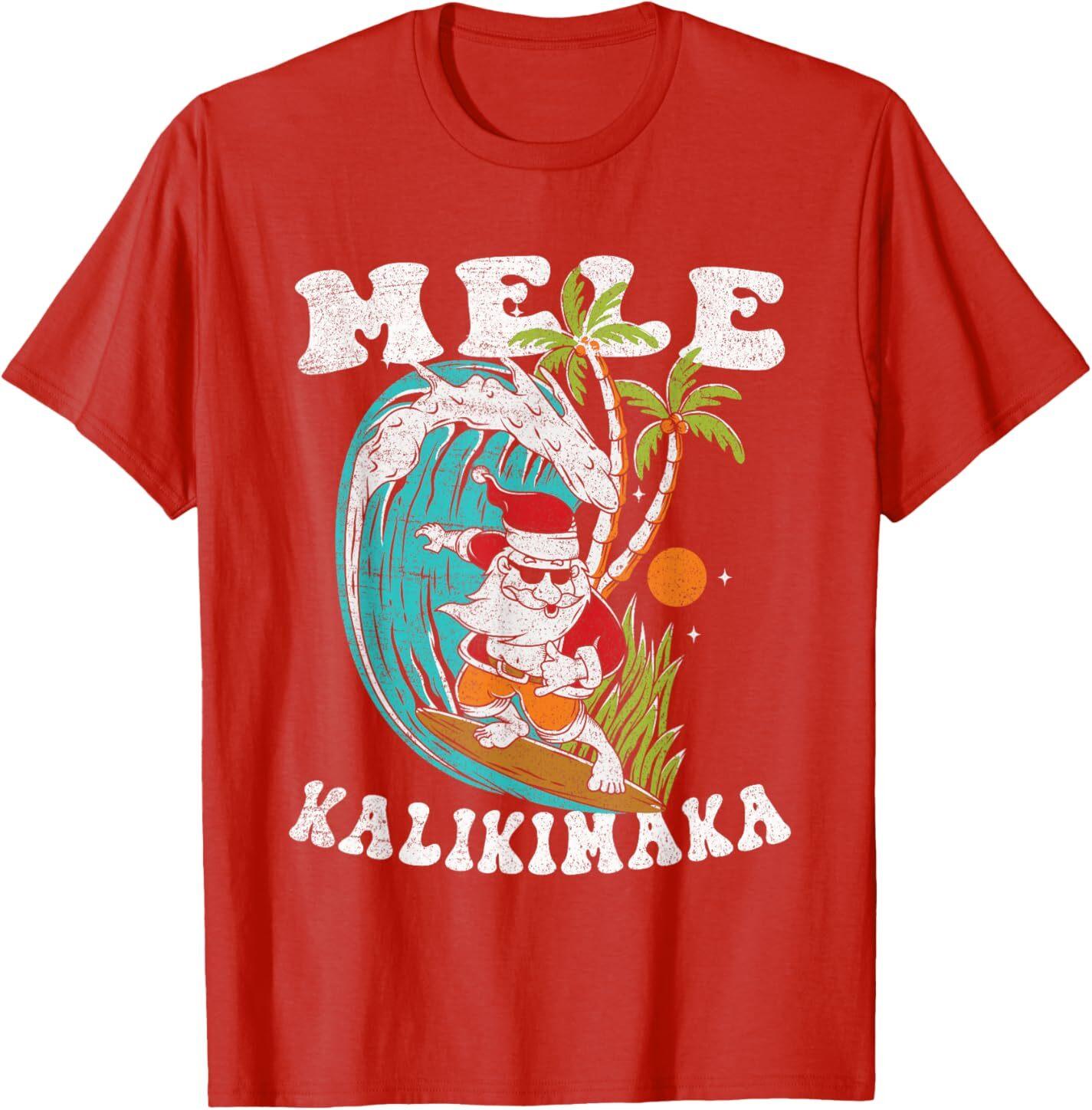 Mele Kalikimaka Hawaii Christmas Surfing Santa T-Shirt Mens Womens Tees Top M