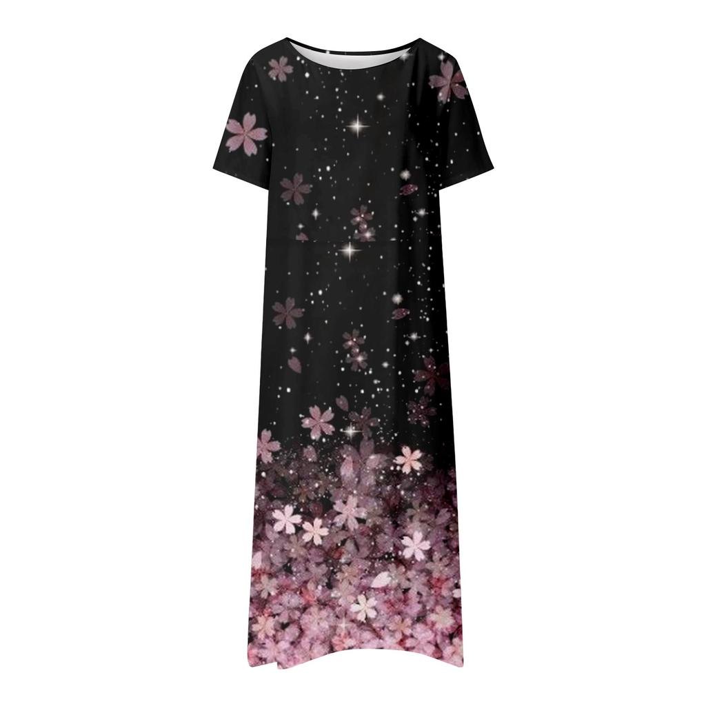 Women's Summer Casual Fashion Flower Printed Short Sleeve Round Neck Pocket Dress