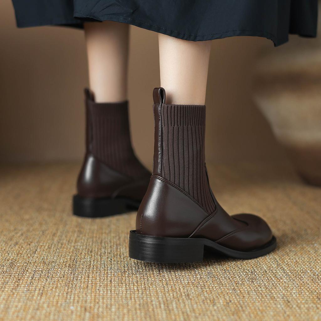 Krazing Pot Microfiber Autumn Winter Shoes Thick Med Heels Size 43 Chelsea Boots Back Knitwear Stretch Ankle Boots