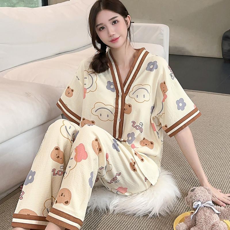 Thin, loungewear bubble foam, new short-sleeved trousers, women's two-piece pajamas, cardigan can be worn outside
