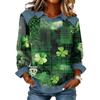 Women's Fashion Long Sleeve Denim Patchwork Pullover Sweatshirt St Patrick's Day Floral Clover Print Casual Top