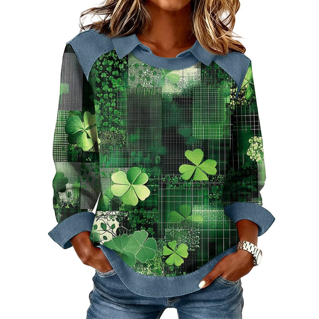 Women's Fashion Long Sleeve Denim Patchwork Pullover Sweatshirt St Patrick's Day Floral Clover Print Casual Top
