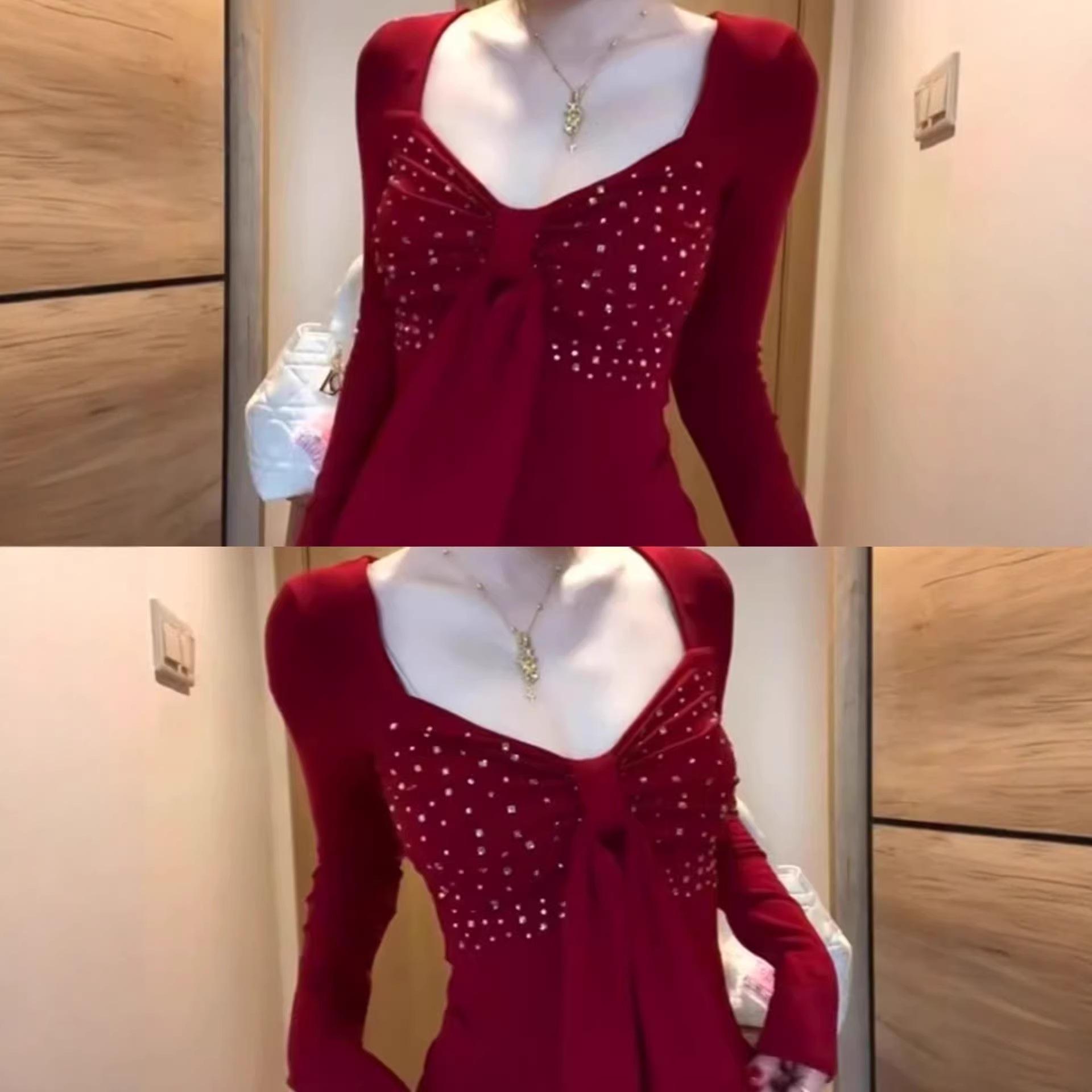 

New Arrival: Spicy Red Rhinestone Bow Long Sleeve Square Neck Slimming T-shirt for Women - Perfect for Spring! L [Premium Quality] червоний