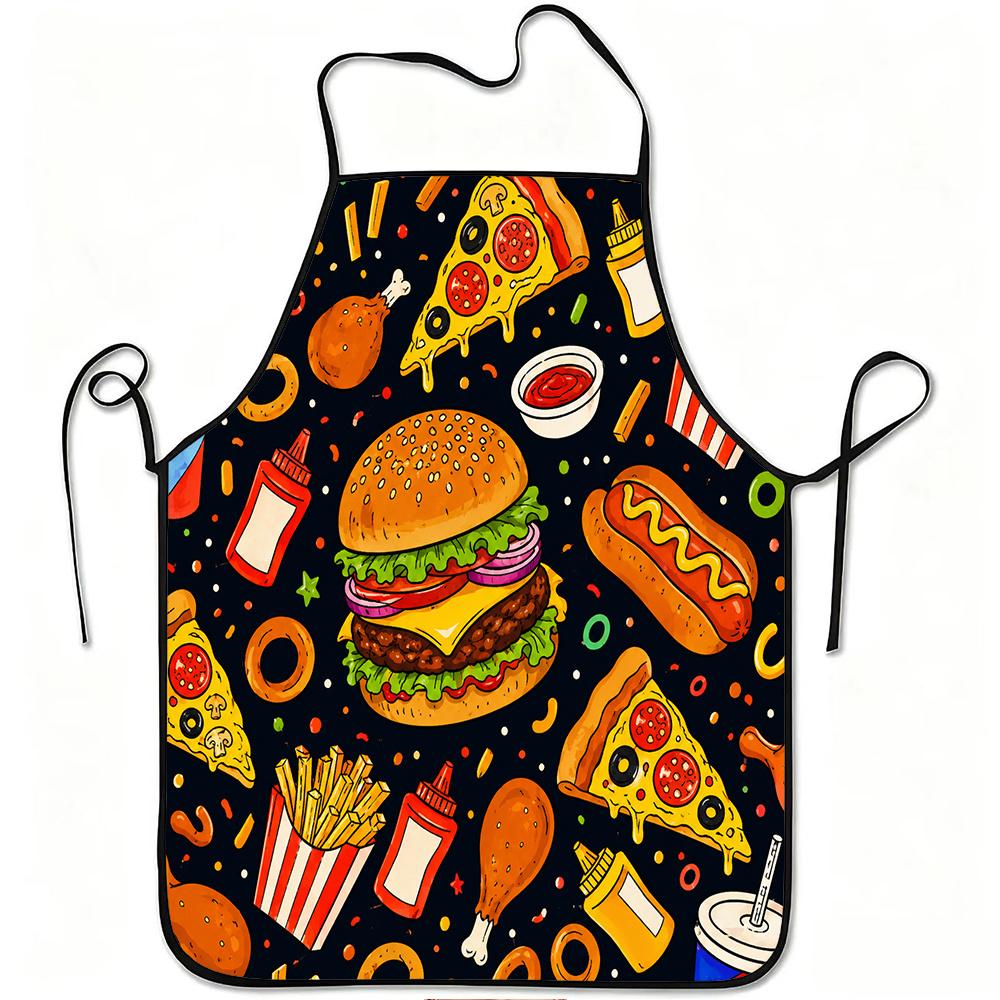 1pc Fast Food Burger Pizza Print Apron, Durable And Easy To Clean, Adjustable Waistband, Polyester Material, for Kitchen Cooking, Gardening, Orchard P