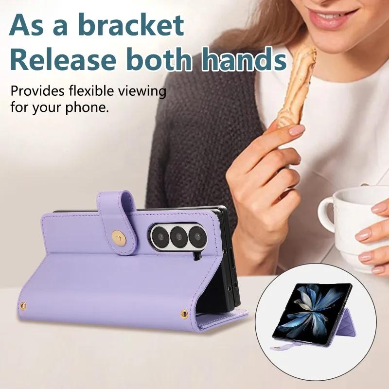 Crossbody Wrist Strap Wallet with Card Holder Phone Case for Samsung Galaxy Z Fold 7 6 5 4 Fold6 Fold5 Fold4 Fold3 Leather Cover