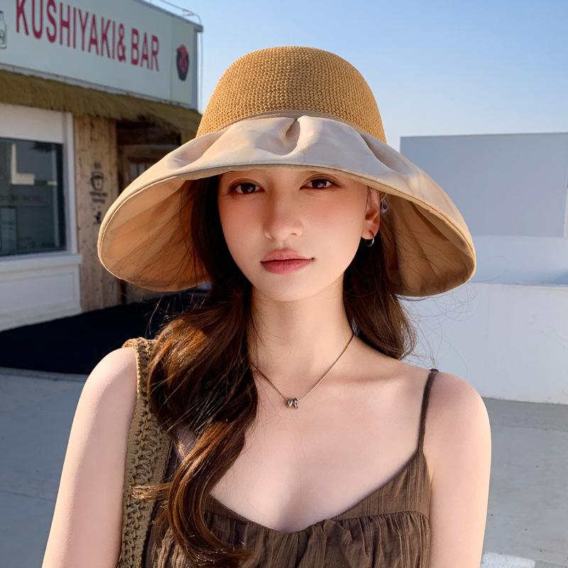 Charm Clothings Women's Black Summer Big-Brimmed Sunscreen Visor Hat Fashion Versatile Empty-Top Straw Sun Hat Seaside Travel Wide-Brimmed Hat 56-58Cm