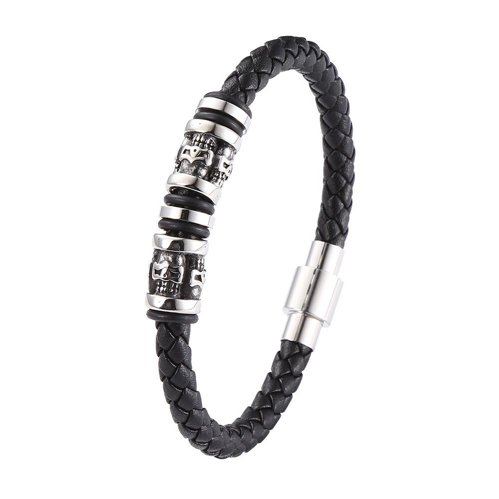 Cross-Border Stainless Steel Skull Leather Bracelet with Magnetic Buckle - Punk Hip Hop Style