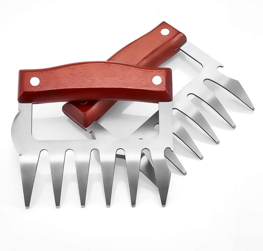 BBQ Accessories 2pcs BBQ Fork Claws Meat Shredder Heat Resistant Stainless Steel Meat Claws for Shredding Meat with Wood Handle