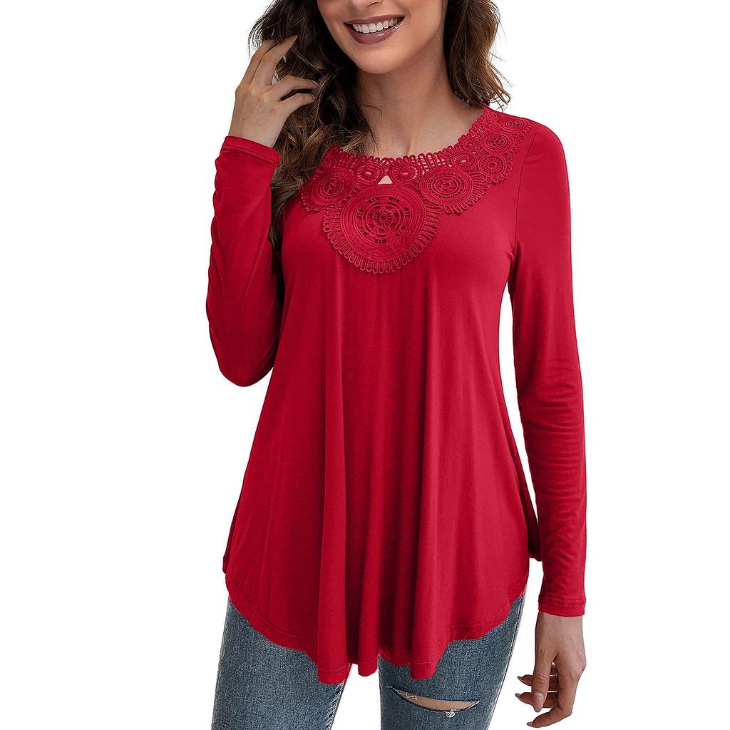 Fashion Women's  Long Sleeve Round Neck Lace Loose Soft Comfortable Elastic Tops