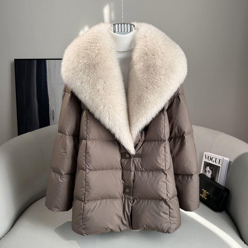 High End Faux Fox Fur Detachable Large Lapel Fur Down Jacket for Women Winter Medium Long Loose White Goose Down Coats