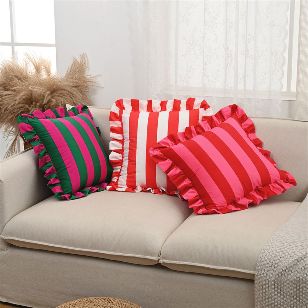 Stylish Square Pillow Cover With Ruffled Trim and Striped Pattern Design Throw Cushion Case For Sofa Bedroom Decors