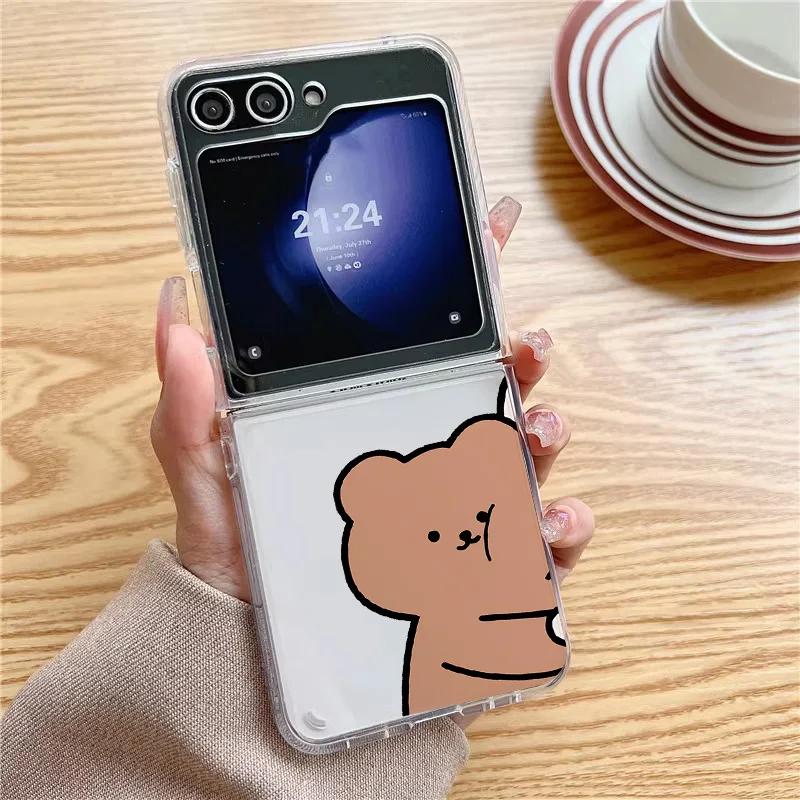 Cute Bear Bunny Couple Paired Phone Case for Samsung Galaxy ZFlip 5 ZFlip6 Transaprent Clear Cover for Samsung ZFlip7 4 3 Fundas