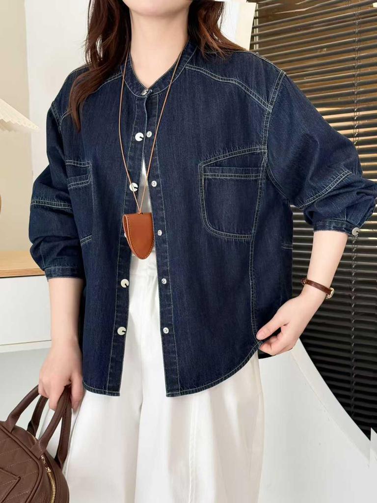 2026 Spring Korean Slim Stand Collar Denim Cardigan - Women's Long Sleeve Top