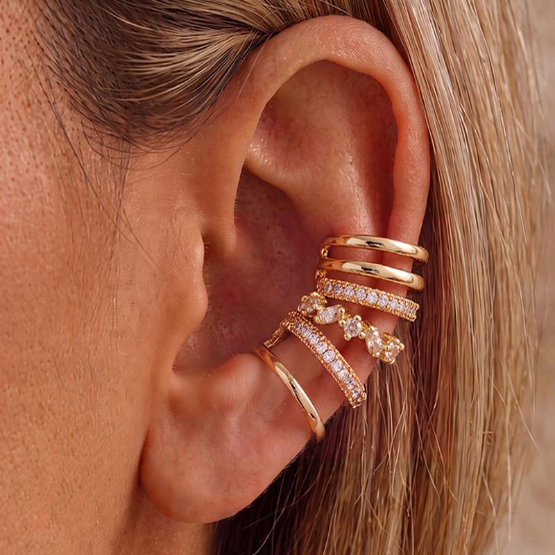 IF ME 3 PCS Gold Plated Ear Cuff Set For Women No Piercing Crystal Double Layer Minimalist Zircon Stackable Ear Clips Jewelry Gifts