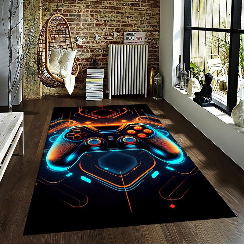 Gaming Controller Design Carpet with Neon Orange and Blue Glow Suitable for Use As an Anti-slip for Living Room Bedroom Sofas