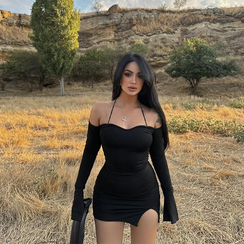 Knitted suspender neck long sleeve sexy hip wrap black short dress women's new European and American dress