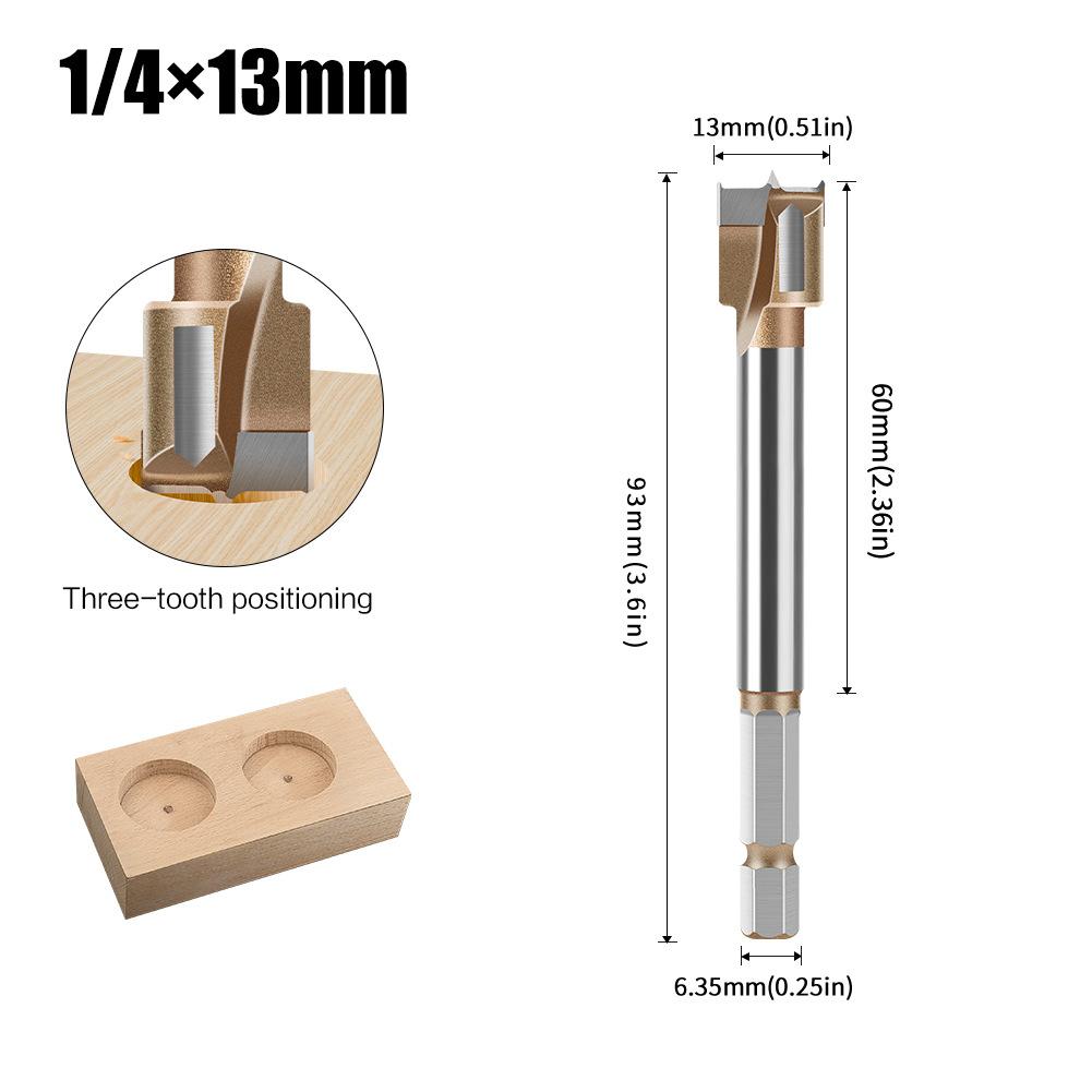 10mm to 50mm Professional Hexagonal Shank Woodworking Hinge Boring Bit Tungsten Carbide Blade Three-Tooth Double Blade Design