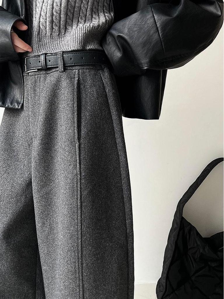 Women's LUXI Woolen Stand-up Collar Wide-leg Cropped Pants - Korean Style, Autumn Slimming High-End Feel