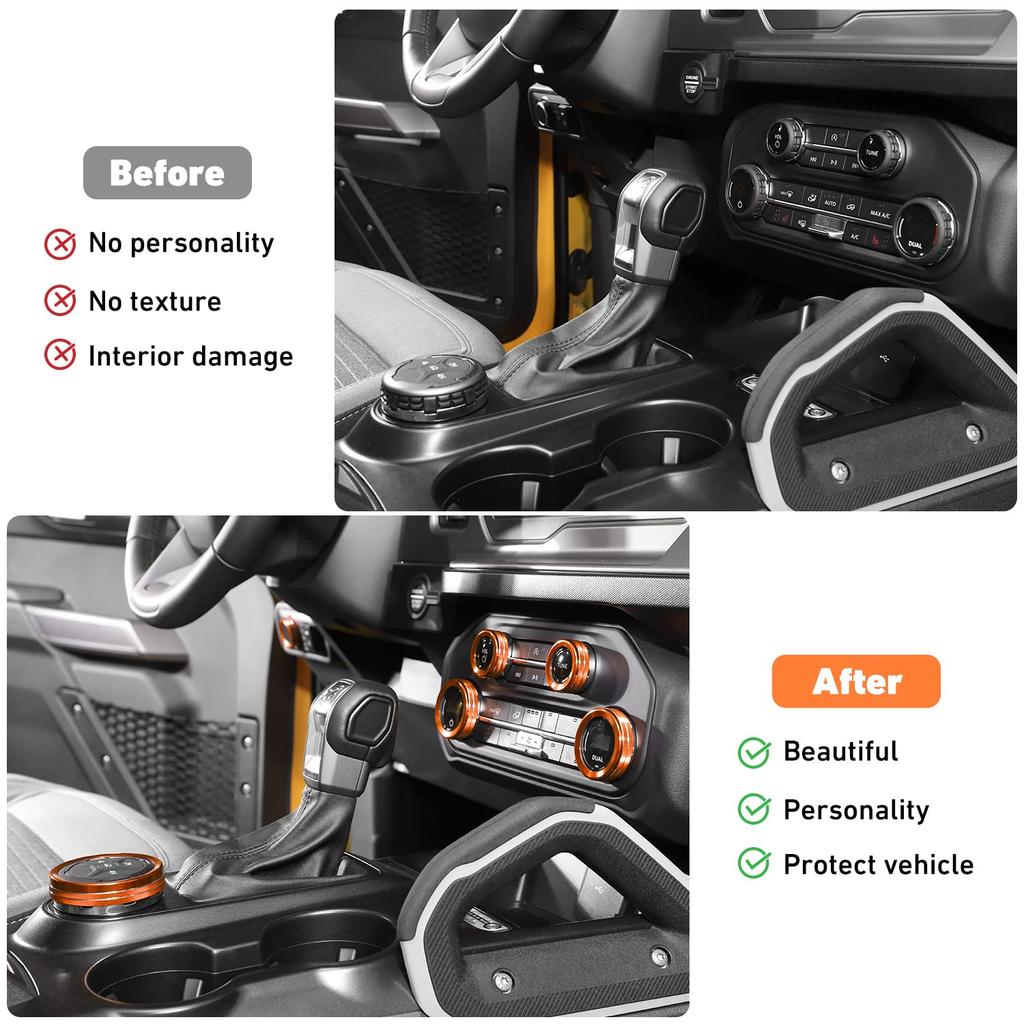 Linskip Dashboard Control Knob Trim Set for Ford Bronco 2025-2021, Aluminum Switch Knob Covers for Bronco Interior Accessories(Orange)
