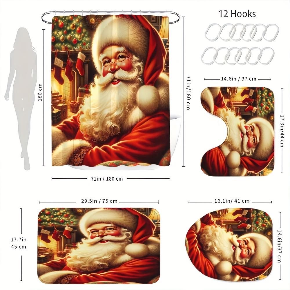 4Pcs Bathroom Shower Curtain Set Santa Claus  Bathroom Curtain With 12 Hooks Non Slip Rugs Toilet Cover Mat Bathroom Partition