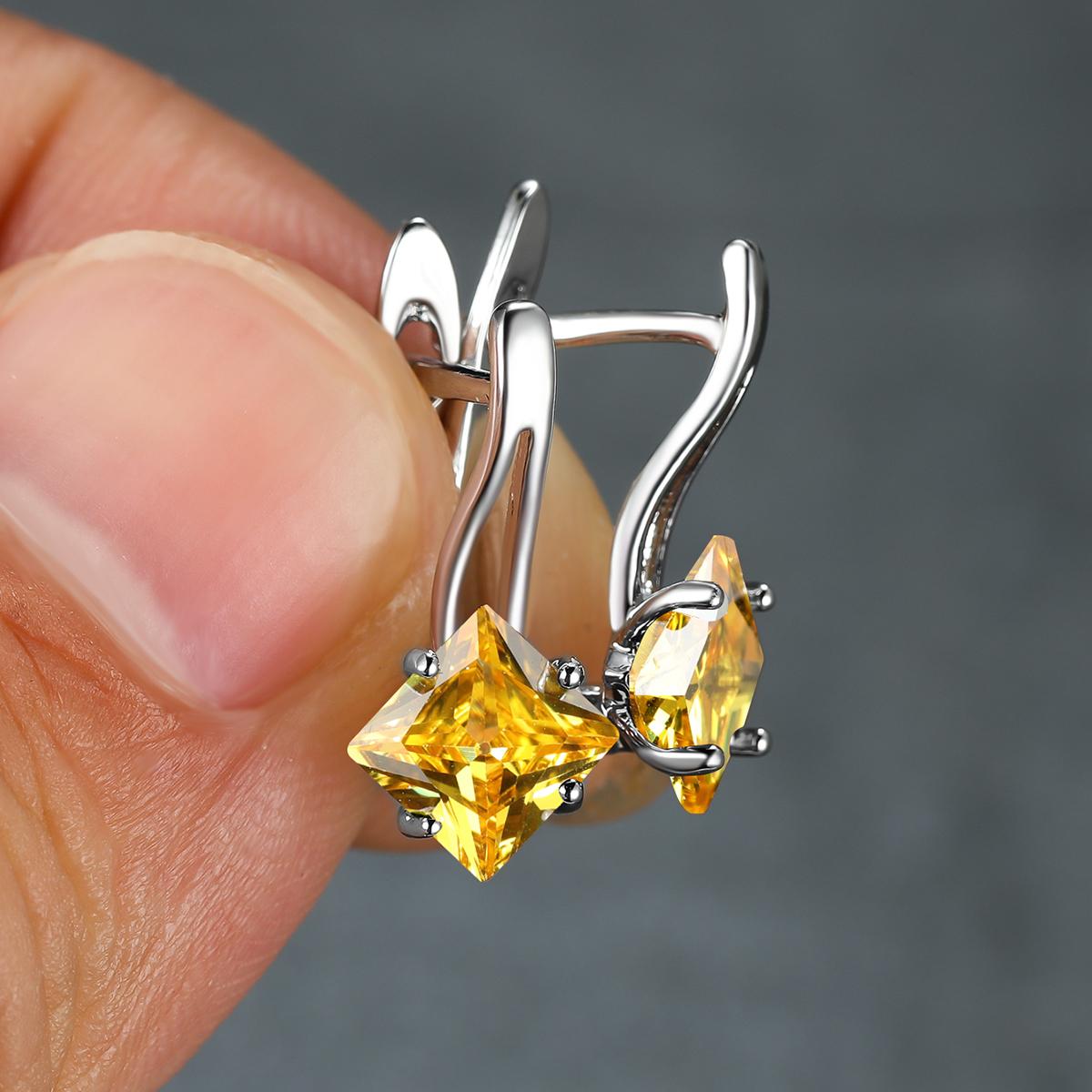 

1 пара серег-клипс серебряного цвета с огранкой принцессы, синих, зеленых, цвета морской волны, красного, фиолетового цвета, серьги-клипсы с камнем для невесты, принцессы, помолвки, висячие серьги жёлтый