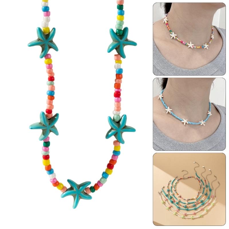 Elegant Turquoise Starfish Charm Necklace Adjustable Length Neckchain Fashionable Clavicle Chain Accessory for Ladies