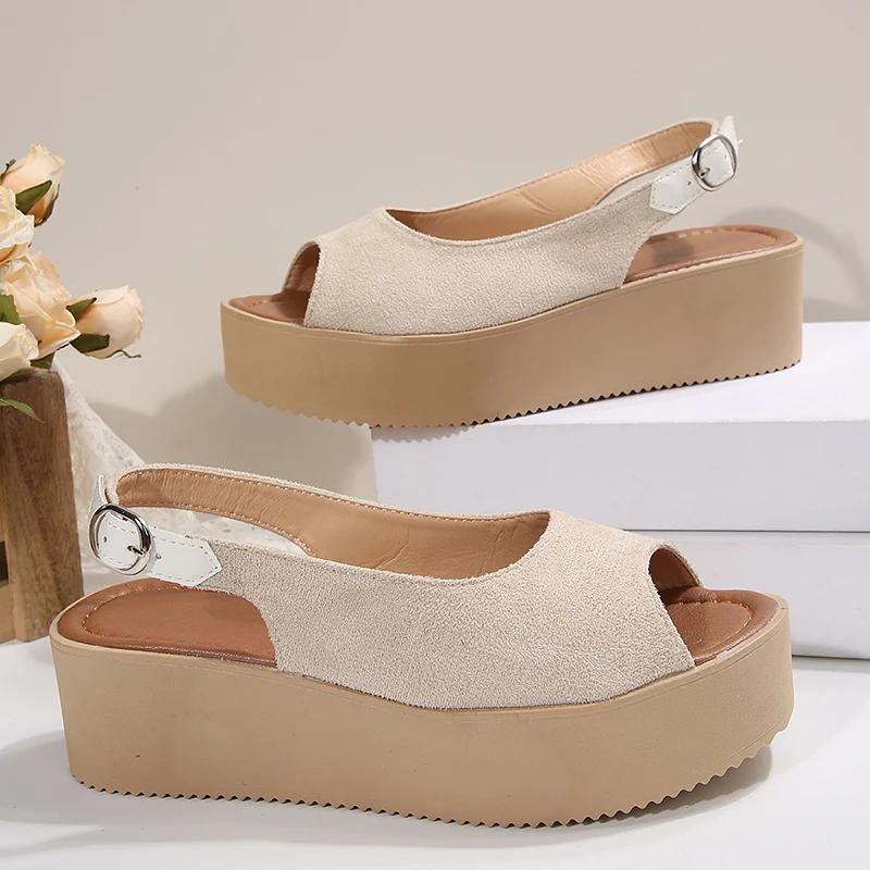 Fashion Vintage Beige Chunky Platform Sandals Women Simple Back Buckle Peep Toe Sandal Ladies Fashion New High Heel Wedge Sandals Female