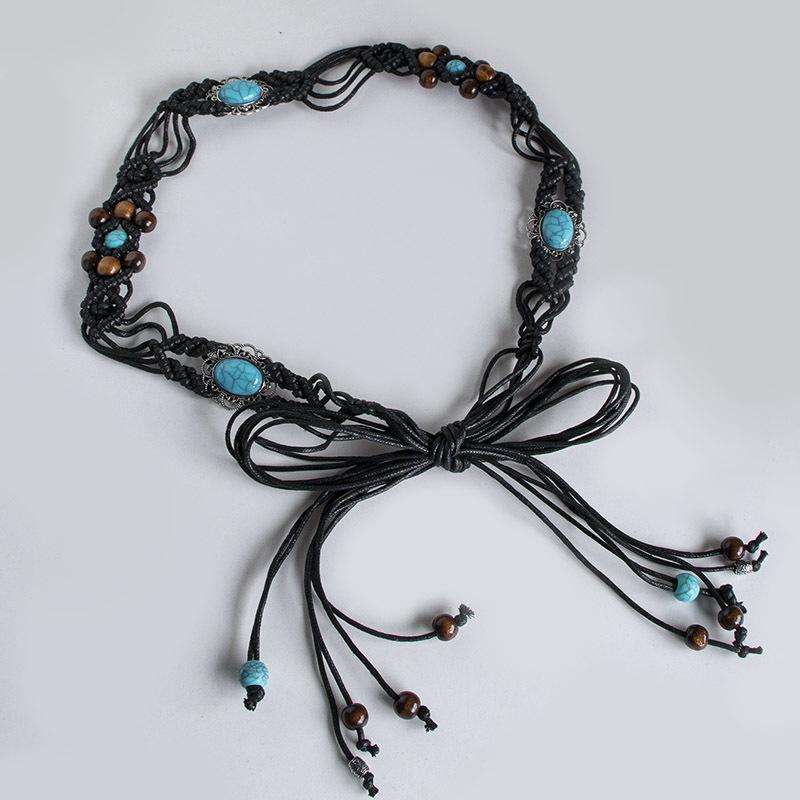 Spring and Summer Skirt with Boho Alloy Turquoise Resin Beads Weaving Knotted Ethnic Style Women's Waist Rope