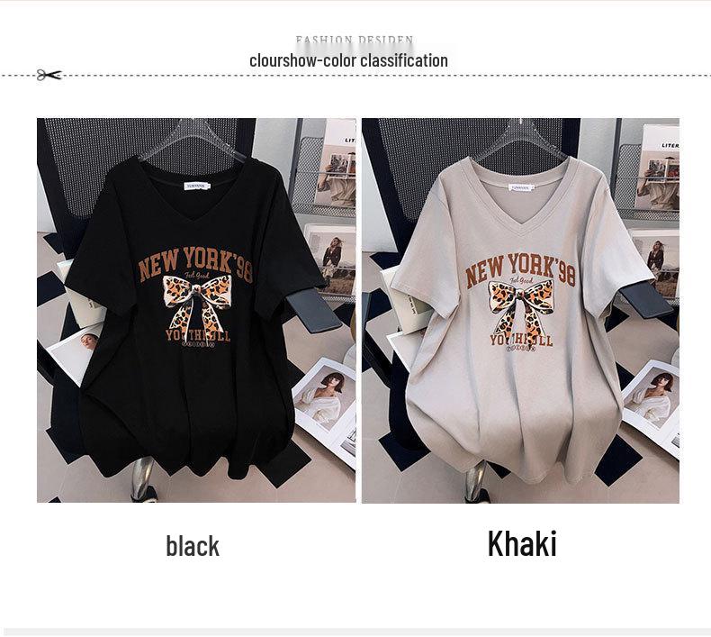 Plus Size V-Neck Slimming Short-Sleeve Mid-Length Women's T-Shirt (200/300/350 Jin)