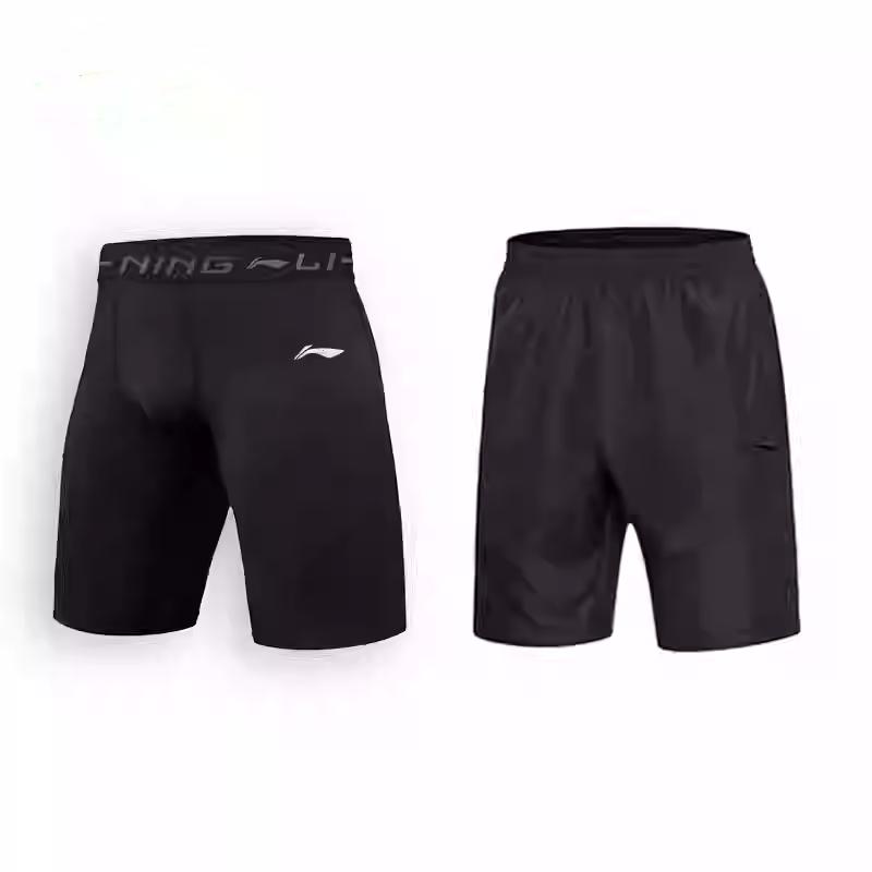 Li-Ning Solid Color Versatile Comfortable Breathable Two-In-One Sports Shorts Men shorts Black YKSU203-1