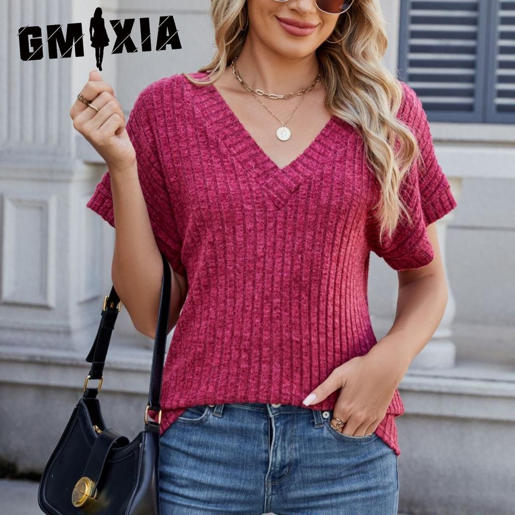 GMXIA Spring Women's Loose Casual Solid Color V-neck T-shirt Short Sleeve