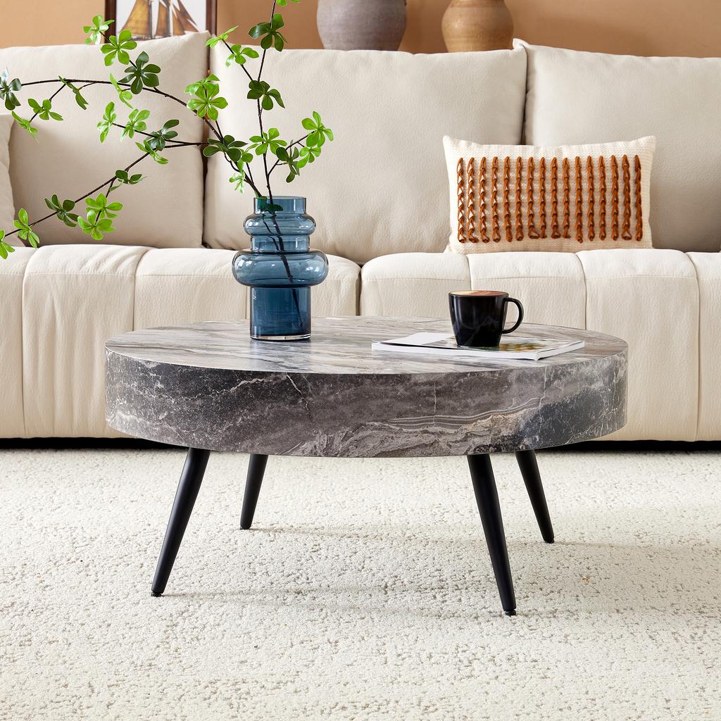 Tavolino da Caffè Rotondo con Diametro 70 cm Effetto Marmo Grigio (MDF) & Gambe in Metallo Nero. Design Minimalista, Ideale per Soggiorno e Spazi Piccoli.