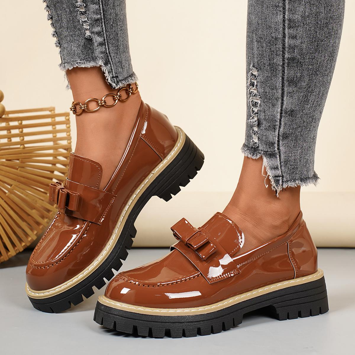 

2025 Winter New Bow Low-top Single Shoes Plus-size Muffin British Style Small Leather Shoes for Women 43 коричневий