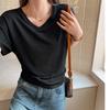 Shoulder-length short-sleeve T-shirt for women, spring-summer design niche V-neck waist-cinching slimming Korean style spicy girl basic black top
