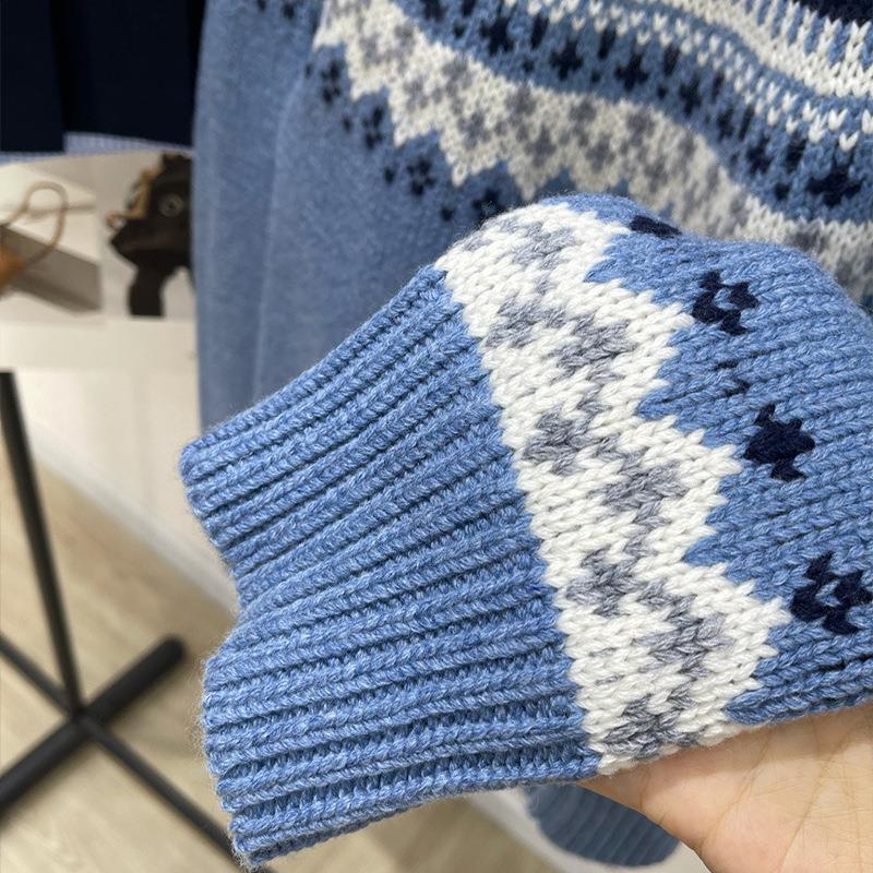 Nanyou 2026 Women's Blue Fair Isle Snowflake Logo Long Sleeve Slimming Pullover Sweater