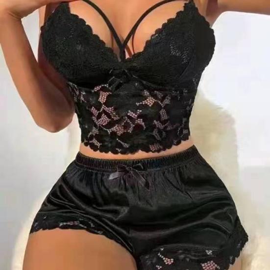 2 Pcs/Set Women Pajama Set Hollow Out Lace V Neck Backless Sleeveless Crop