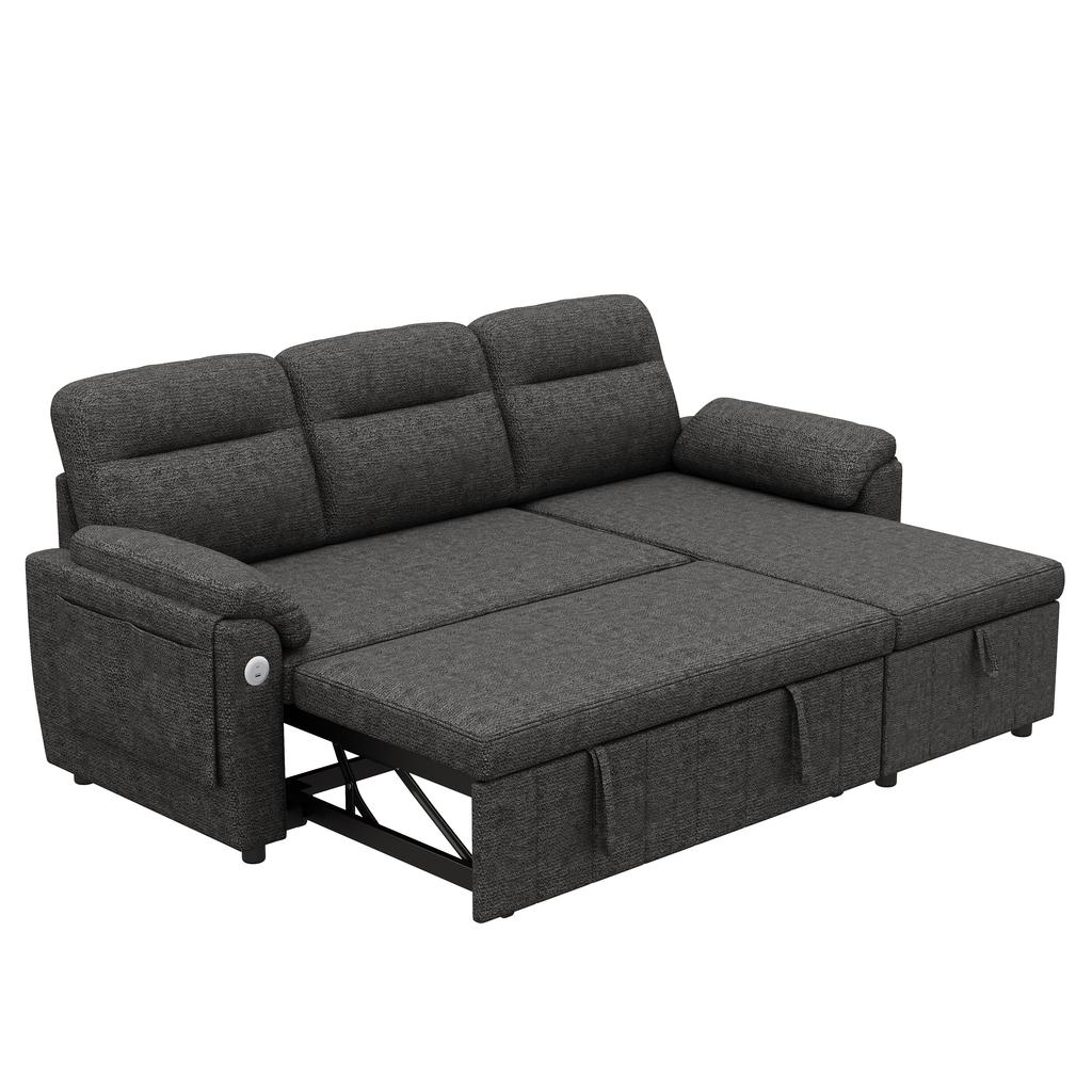 L-förmiges Ecksofa mit links/rechts ausziehbarer Ottomane, Schlaffunktion, Stauraum in der Ottomane, USB/Typ-C-Panel, Chenille-Stoff, Grau.