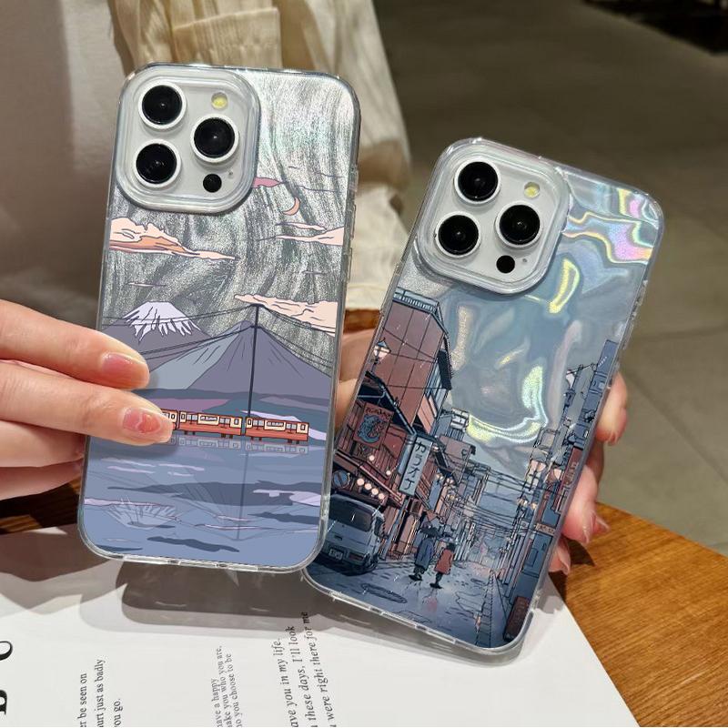 Cartoon Mountain Print Glitter Phone Case For iPhone 16 15 Pro Max 14 Pro 13 12 11 Clear Shockproof Hybrid TPU PC Glossy Slim Cover