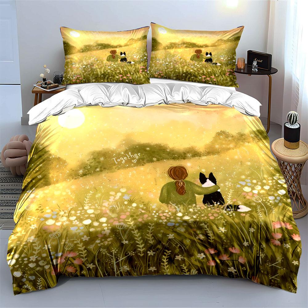3Pcs Warm Sunlight Bedding Set, Girl And Dog In Spring Flower Field Print Duvet Cover & 2*Pillowcases, Gift
