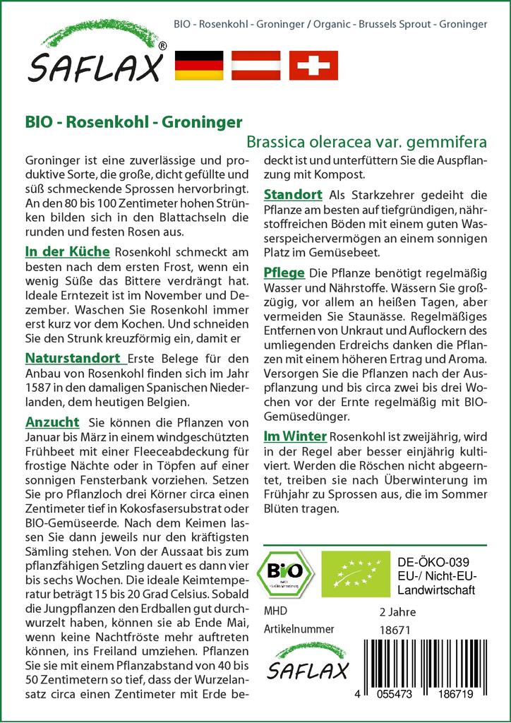 SAFLAX Garden In the Bag - Organic - Brussels Sprout - Groninger - 30 Seeds - With Substrate In a Fitting Stand Up Bag - Brassica Oleracea