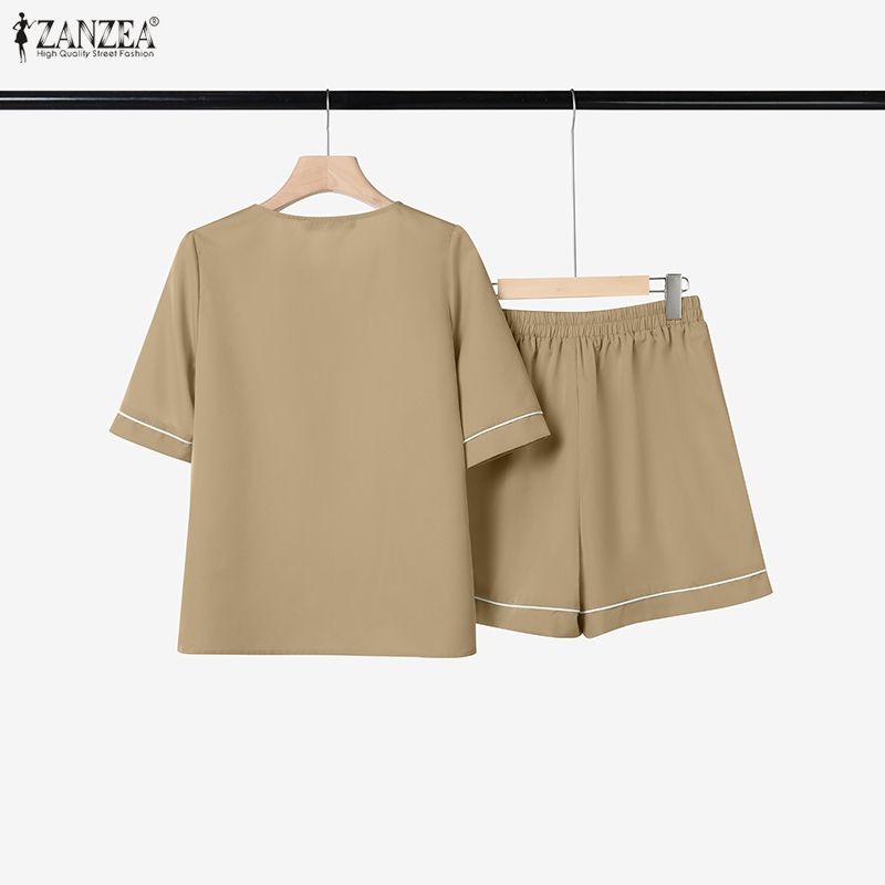 ZANZEA Women Short Sleeve Blouse and Shorts Summer Two Piece Suit Sets