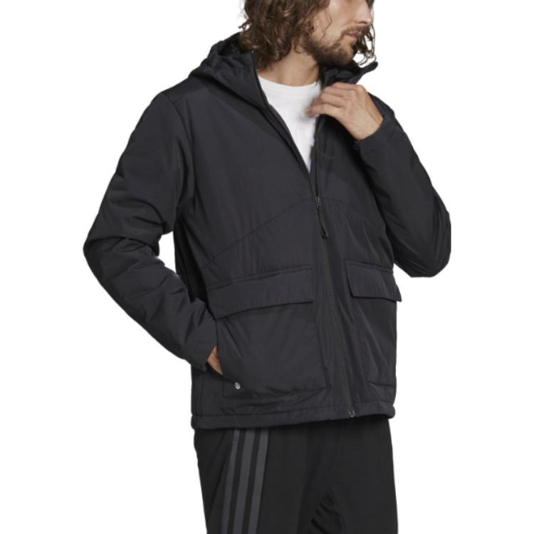 Adidas Solid Color Logo Print Stand Collar Hooded Jacket Men Outerwear Black H65766