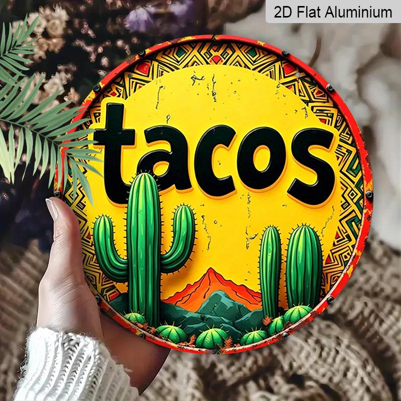 2D Flat, 1pc Round Tacos Cactus Aluminum Hanging Sign, Vintage Mexican Fiesta Desert Mountain Design, Retro Colorful Metal Wall Decor, Perfect for