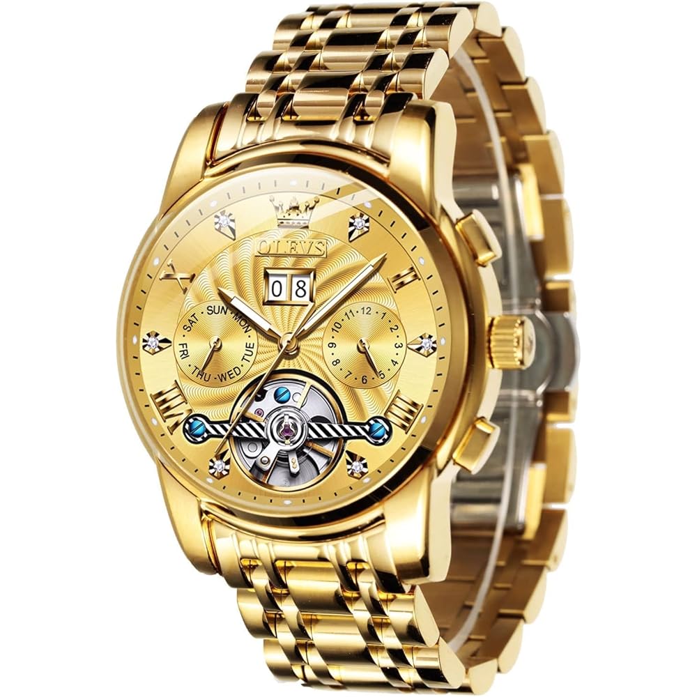 OLEVS Men s Automatic Skeleton Tourbillon Watch Gold Waterproof Luminous Date Display