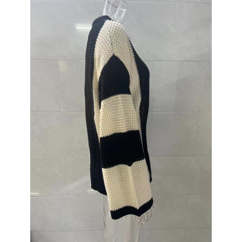 Damski Sweter Dzianinowy Casualowy w Paski Patchworkowy Okrągły Dekolt Rozszerzane Długie Rękawy Luźny Modny Dzianinowy Top Casualowy Wszechstronny Miękki Stylowy Sweter Dzianinowy Płaszcz