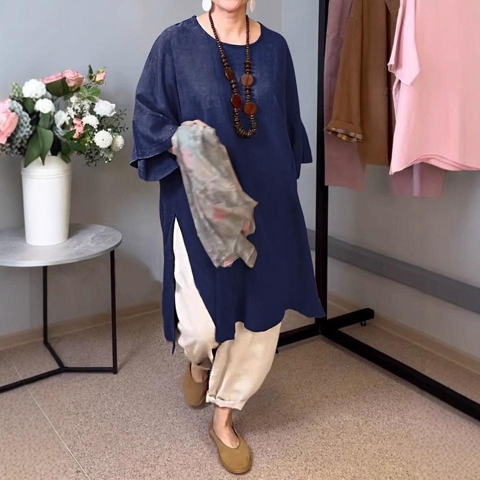 2026 summer new European and American women's solid color round neck seven-quarter sleeve casual linen split-ended long top