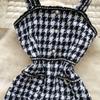 Autumn Winter Women Vintage Spaghetti Strap Houndstooth Tweed Party Short Split Dresses With Pocket