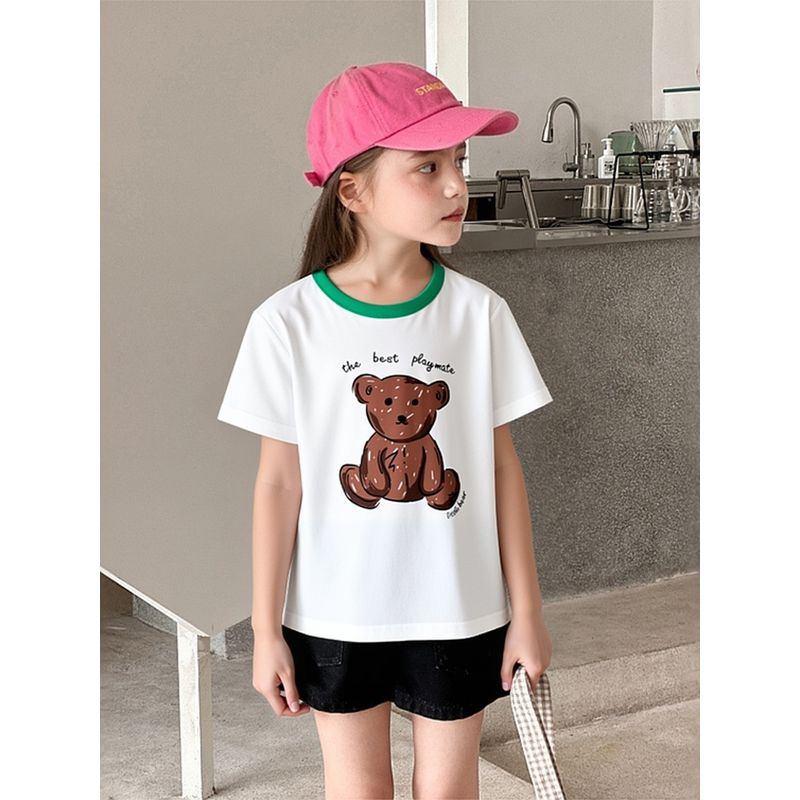Foreign Trade Summer New Children's Short-Sleeved T-Shirt Korean Style Children's Cartoon Bear Baby Girl Clothes Pure Cotton Print Ins